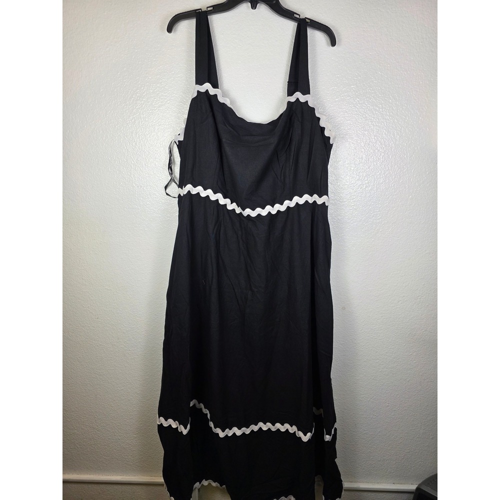 City Chic Shani Dress Black White Ric Rac Trim Linen Blend Smocked Midi XL US 22